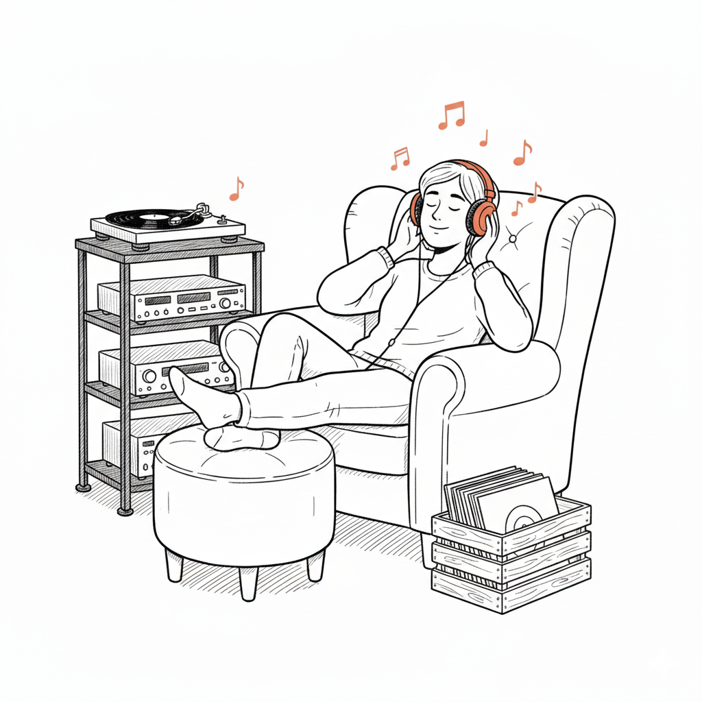 Person relaxing while listening to vinyl records